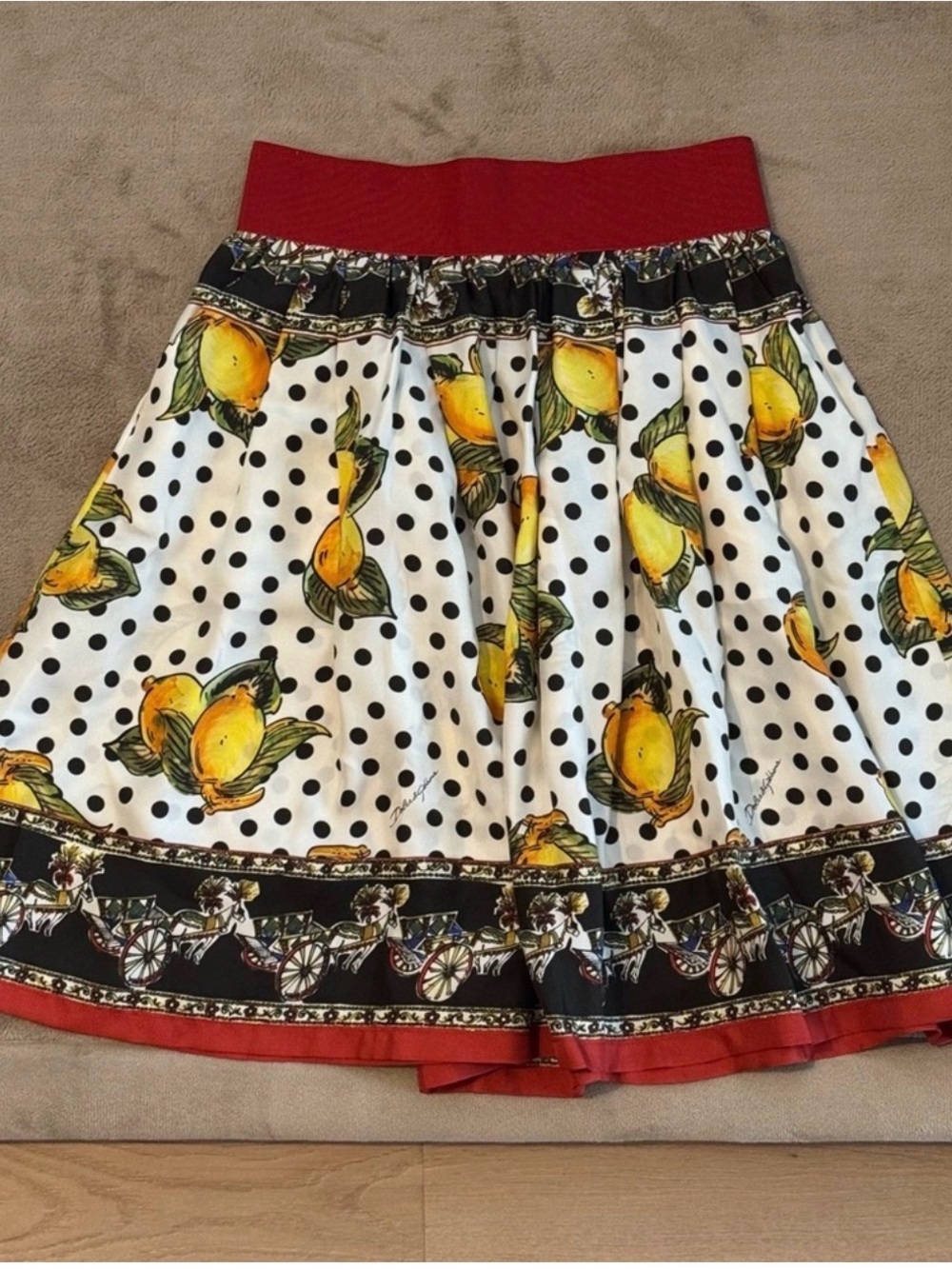 Dolce & Gabbana Red Waist Lemon Print Polka Dot Skirt